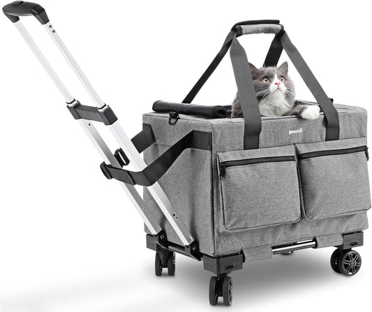 Cat Carrier with Wheels,Steel Wire Frame Cat Carrier, Stable Pet Trolley Bag for Cats, Pet Handbag and Stroller, Portable Cat Carrier Bag for Car Travel Bus Subway, Grey