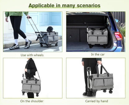 Cat Carrier with Wheels,Steel Wire Frame Cat Carrier, Stable Pet Trolley Bag for Cats, Pet Handbag and Stroller, Portable Cat Carrier Bag for Car Travel Bus Subway, Grey