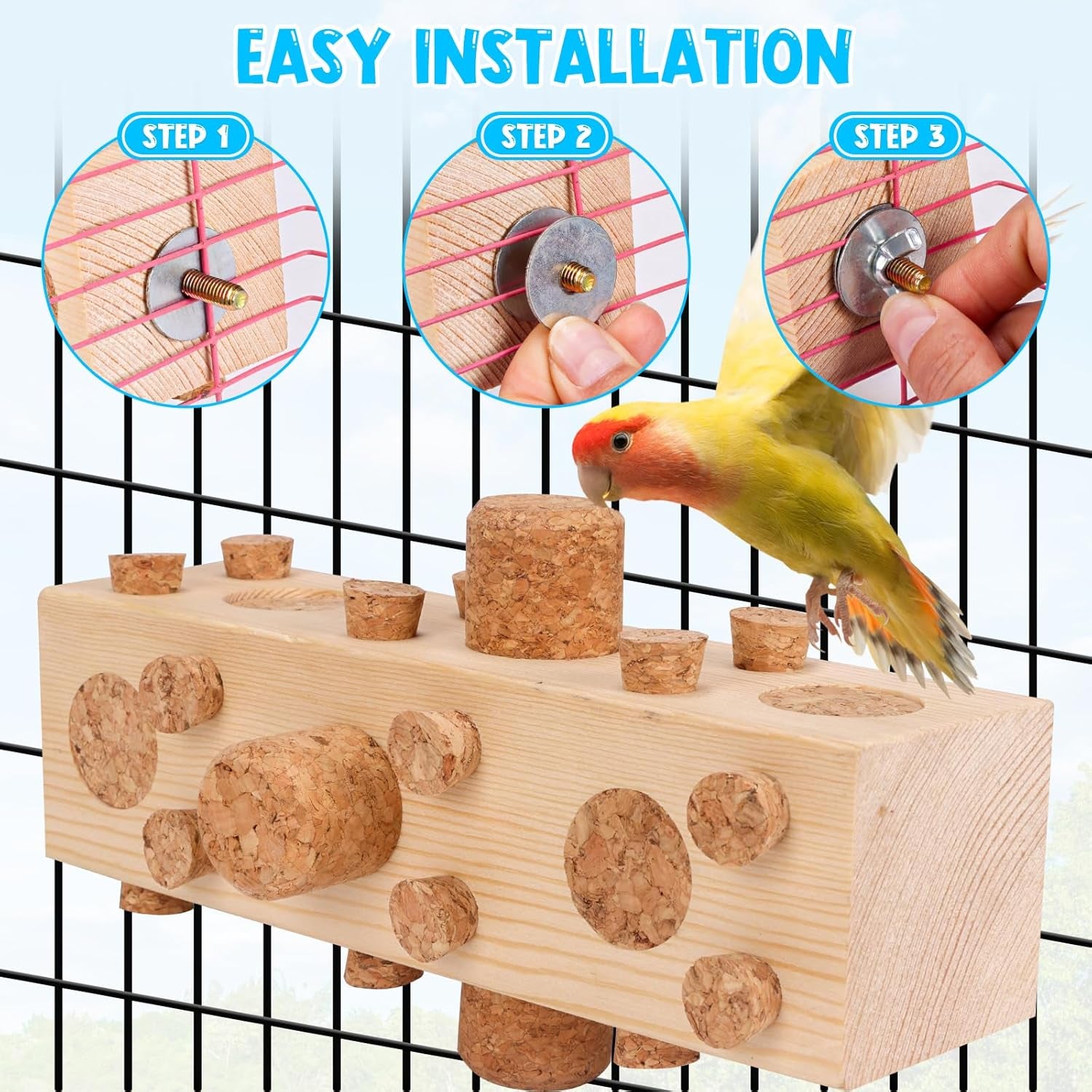 36Pcs Soft Corks with Parrot Chewing Toy Cage Perch Pine Wood Foraging Smart Toy for Small to Regular Size Parrot Cockatiel Birds