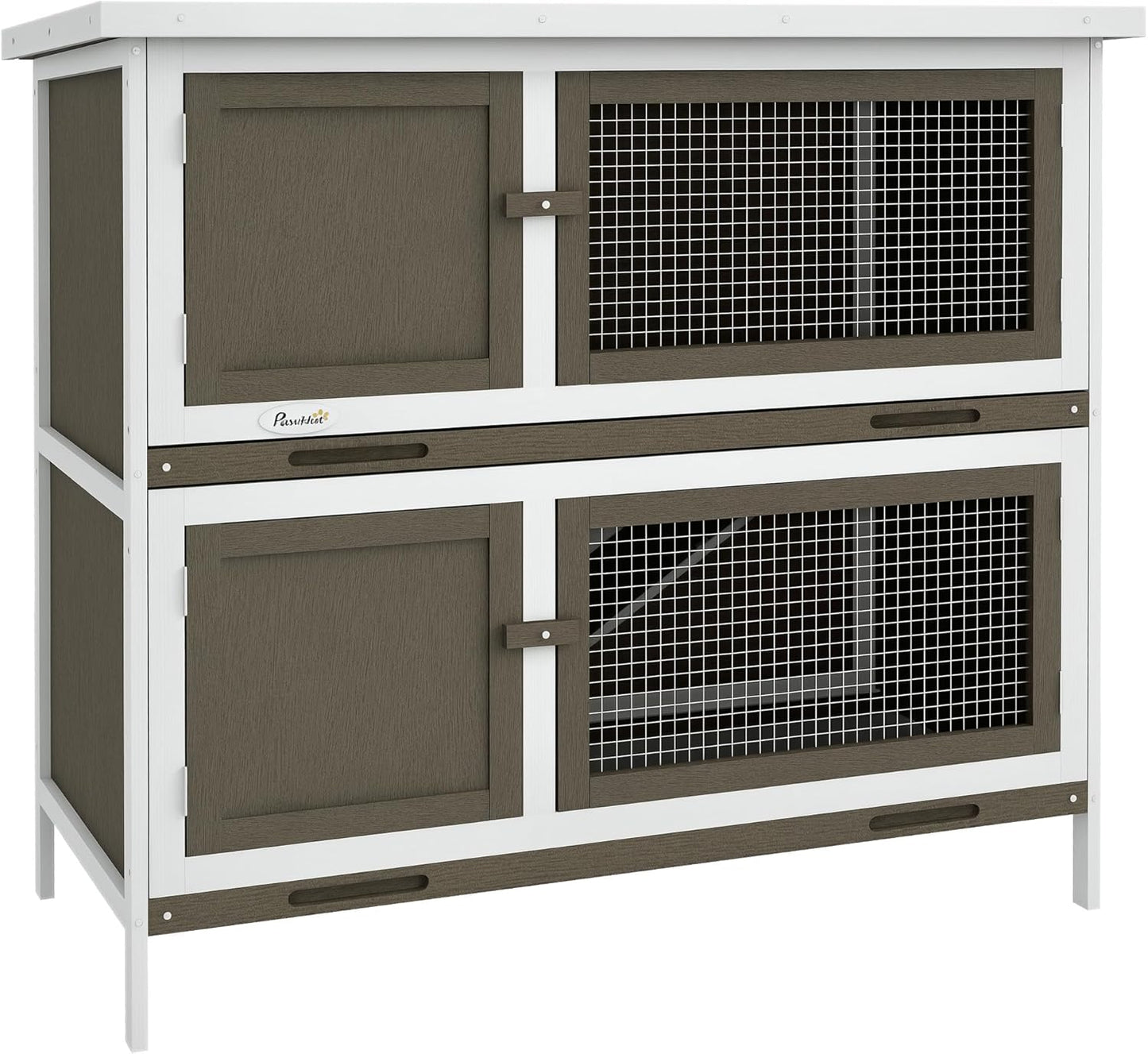 Wooden Bunny Rabbit Hutch, Small Animal Habitat with Ramp, Removable Tray & Weatherproof Roof, for Rabbits, Chickens, Ducks, Indoor/Outdoor, Brown