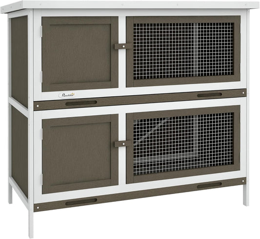 Wooden Bunny Rabbit Hutch, Small Animal Habitat with Ramp, Removable Tray & Weatherproof Roof, for Rabbits, Chickens, Ducks, Indoor/Outdoor, Brown