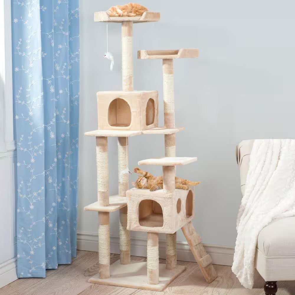 66.25 In. Beige Skyscraper Sleep and Play Cat Tree