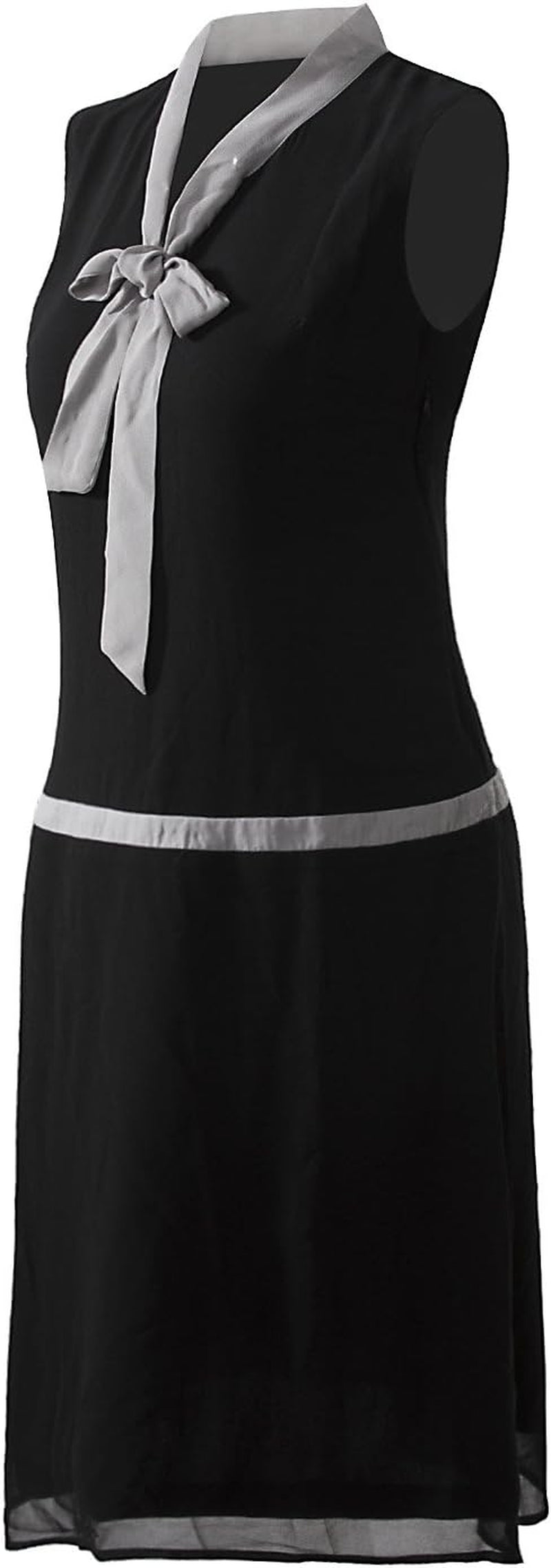 Womens 1920S Midi Flapper Dress V Neck Grey Bow Roaring 20S Great Gatsby Dress
