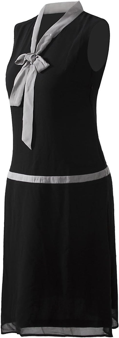 Womens 1920S Midi Flapper Dress V Neck Grey Bow Roaring 20S Great Gatsby Dress