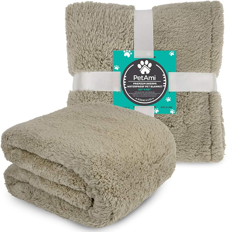 Fluffy Waterproof Dog Blanket for Bed Large Dogs, Soft Warm Pet Sherpa Throw Pee Proof Couch Cover, Reversible Cat Blanket Sofa Crate Kennel Protector, Washable Mat (Taupe Camel, 60X80)