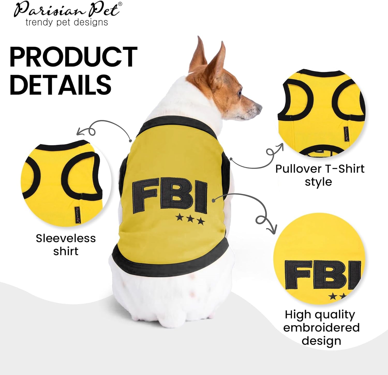 Dog T-Shirt - Embroidered FBI Tank Top - 100% Cotton, Breathable Dog Clothes - Sleeveless Pet Vest - Machine Washable Yellow Tee Shirts for Medium Dogs - M