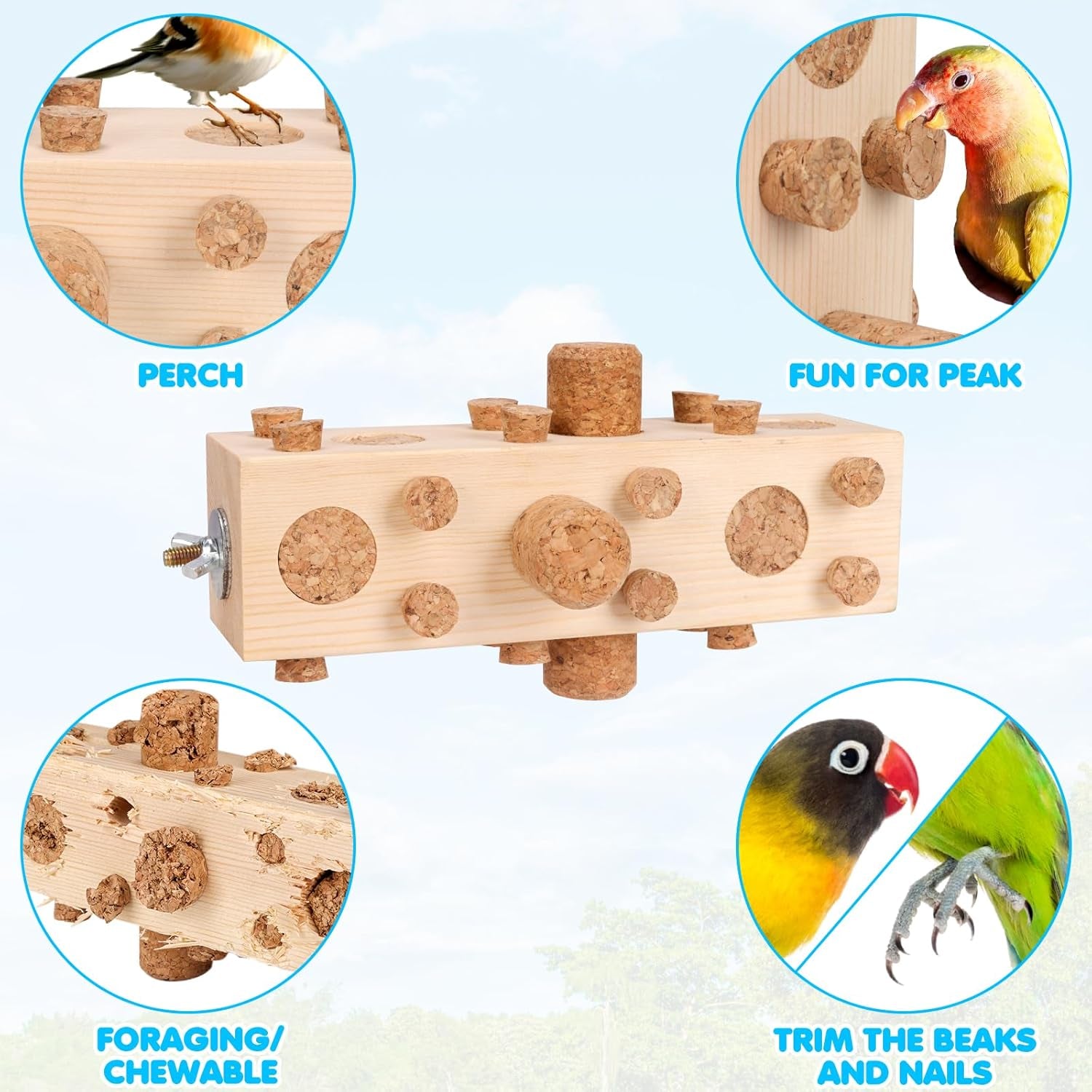 36Pcs Soft Corks with Parrot Chewing Toy Cage Perch Pine Wood Foraging Smart Toy for Small to Regular Size Parrot Cockatiel Birds