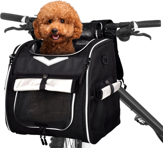 Foldable Dog Bike Basket Carrier Backpack - Large Waterproof Pet Bicycle Basket, Small Dog Cat Kitten Puppy Booster Car Seat with Safety Strap (Black)