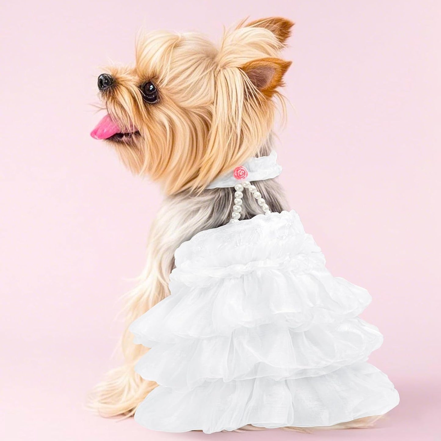 Dog Wedding Dress Bride Outfit with Pearl Necklace and Rose Pet Princess Dress Apparel for Puppy Dog Cat (Large)