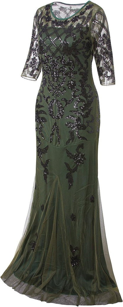 Vintage 1920S Long Wedding Prom Dresses 2/3 Sleeve Sequin Party Evening Gown