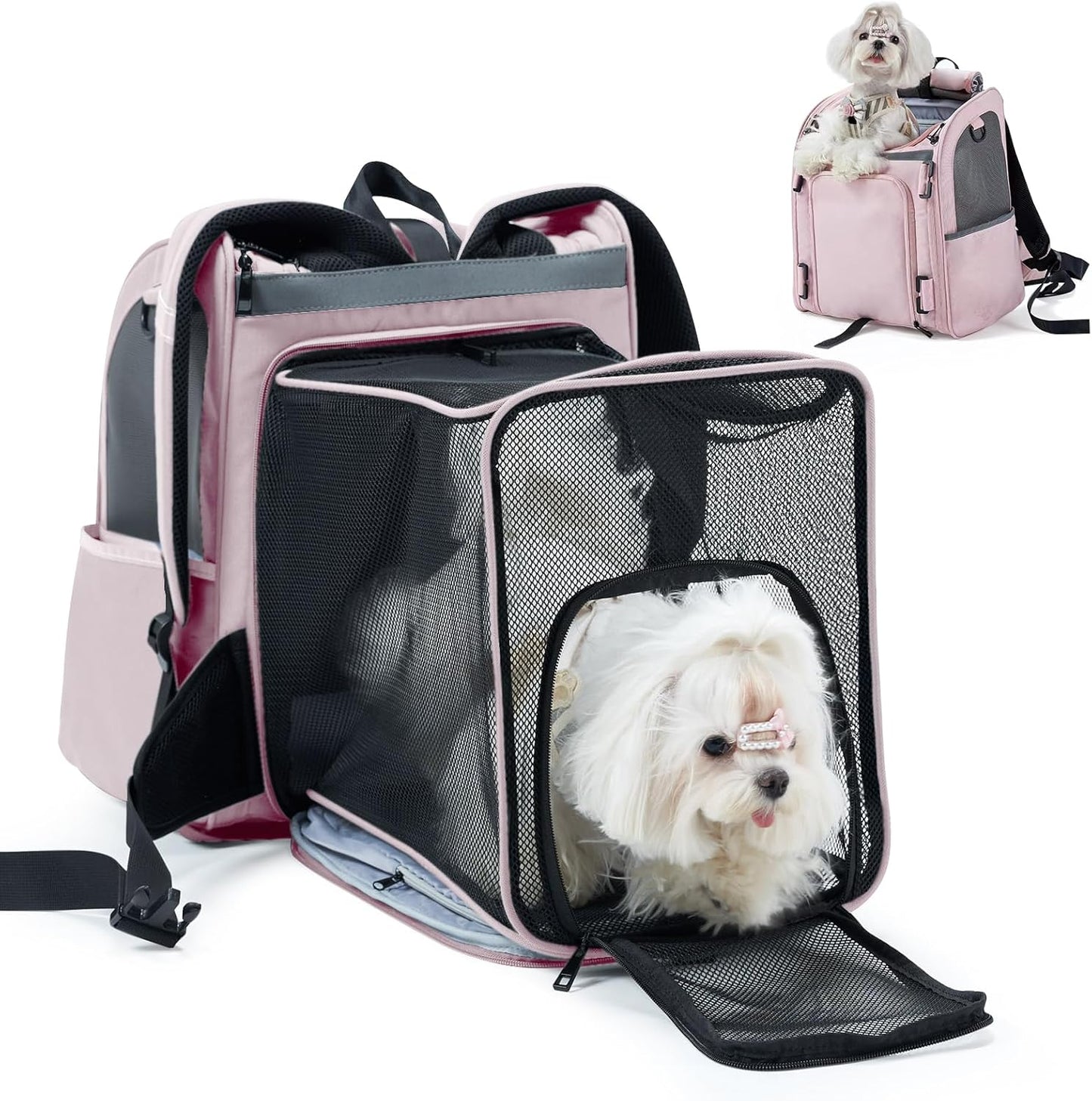 Expandable Pet Carrier, Airline-Approved Foldable and Detachable Backpack, Fits 13Lbs Cat&11Lbs Small Puppy Dog, for Car Travel,Camping and Emergency Transportation and Shelter (Pink)