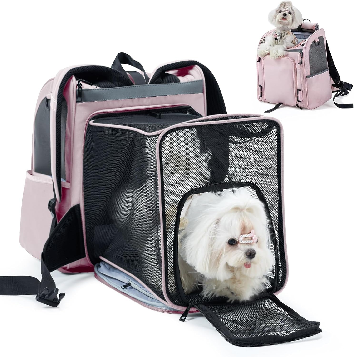 Expandable Pet Carrier, Airline-Approved Foldable and Detachable Backpack, Fits 13Lbs Cat&11Lbs Small Puppy Dog, for Car Travel,Camping and Emergency Transportation and Shelter (Pink)