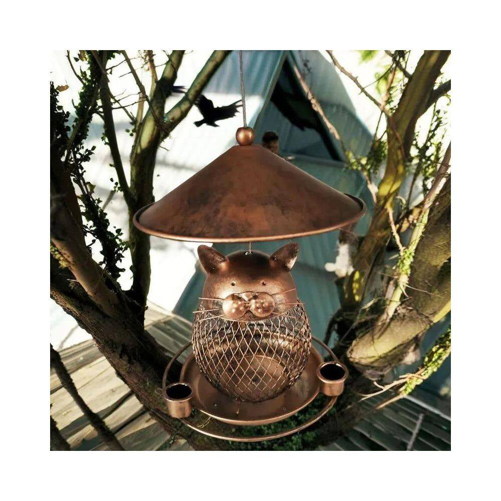Outdoor Hanging Bird Seed Feeder with 360° Feeding Ports, round Perch, Metal Construction and Weatherproof in Copper