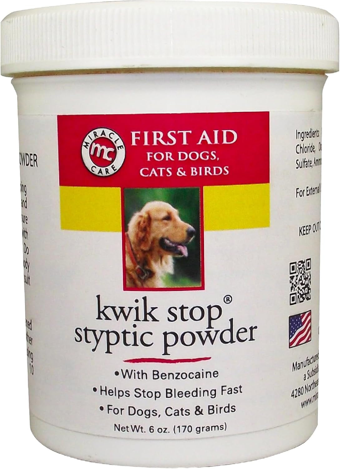 Kwik Stop Styptic Powder for Dogs, Cats and Birds, 6 Ounce, Fast-Acting Blood Stop Powder with Pain Relieving Benzocaine