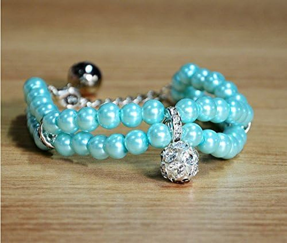 Luxury 2 Row Pearls Rhinestones Pet Cat Dog Necklace Collar Jewelry with Bling Crystal Ball Charm for Pets Cats Small Dogs Female Puppy Chihuahua Yorkie Girls (Blue, 8 to 10-Inch)