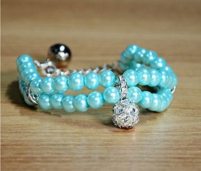 Luxury 2 Row Pearls Rhinestones Pet Cat Dog Necklace Collar Jewelry with Bling Crystal Ball Charm for Pets Cats Small Dogs Female Puppy Chihuahua Yorkie Girls (Blue, 8 to 10-Inch)