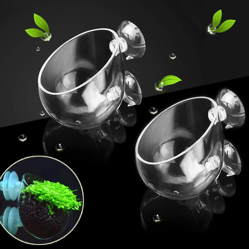 2X Crystal Glass Aquatic Plant Pot, Planter, Red Shrimp Live Plants Fish Tank Holder with 4X Suction Cups for Aquarium Aquascape Decoration…