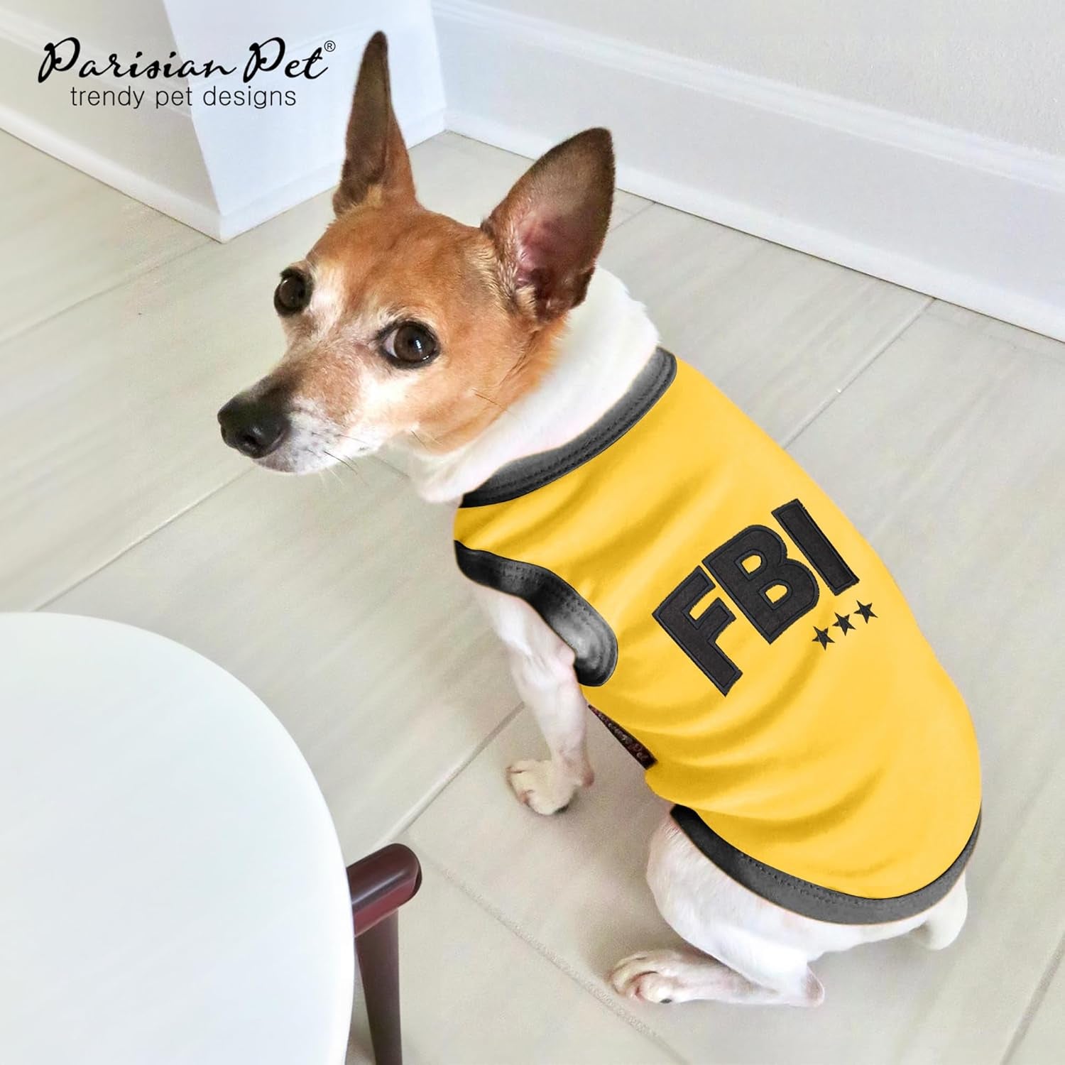 Dog T-Shirt - Embroidered FBI Tank Top - 100% Cotton, Breathable Dog Clothes - Sleeveless Pet Vest - Machine Washable Yellow Tee Shirts for Medium Dogs - M