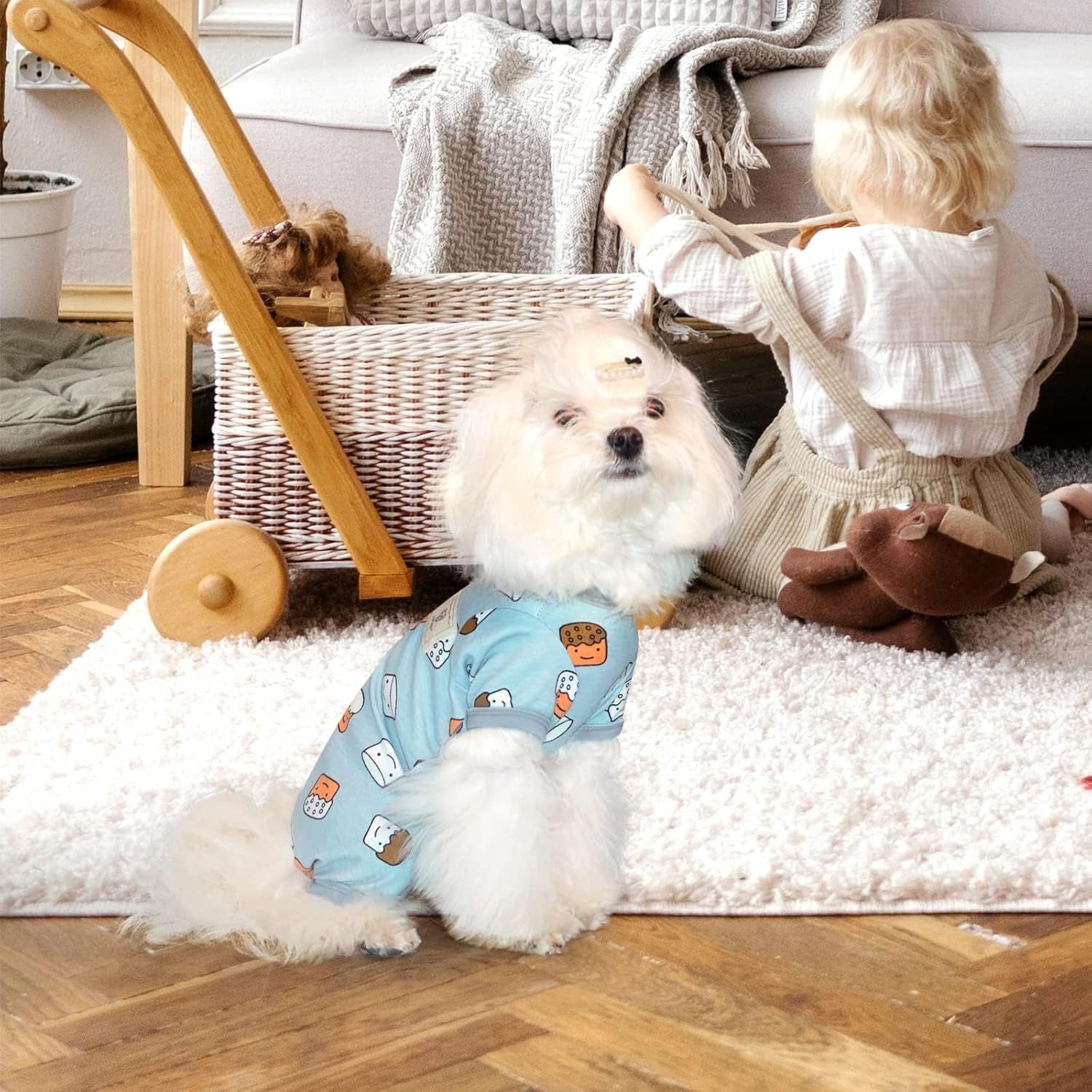 Dog Pajamas, Soft Breathable Dog Jumpsuit with Cute Smile Cupcake, 4 Legged Dogs Shirt for Small Medium Dogs (Blue, Cupcake, XS)