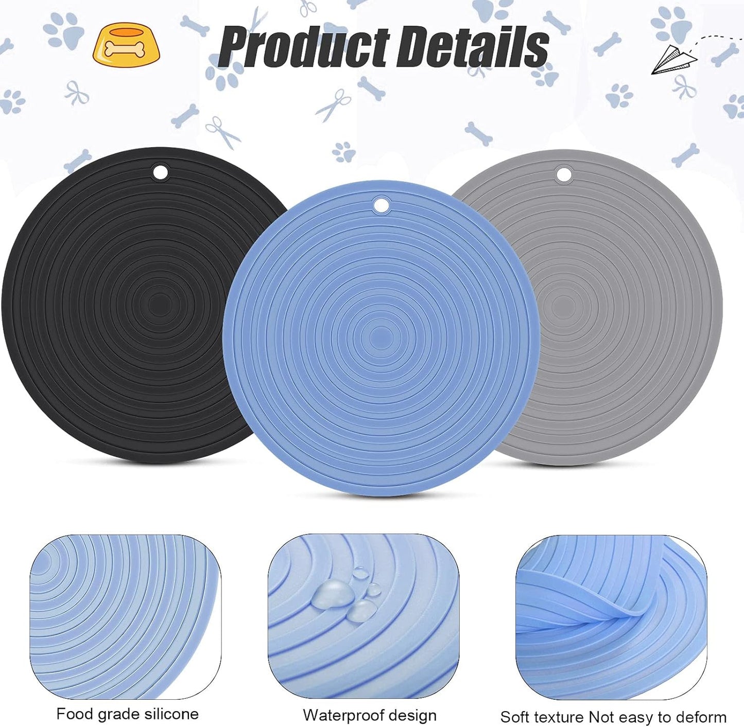 3 Pieces Silicone Pet Food Mat Feeding Mat for Dog and Cat Bowl Placemat Preventing Food and Water Overflow Suitable for Medium and Small Pet(9.5 Inch,Blue, Gray, Black)