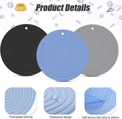 3 Pieces Silicone Pet Food Mat Feeding Mat for Dog and Cat Bowl Placemat Preventing Food and Water Overflow Suitable for Medium and Small Pet(9.5 Inch,Blue, Gray, Black)
