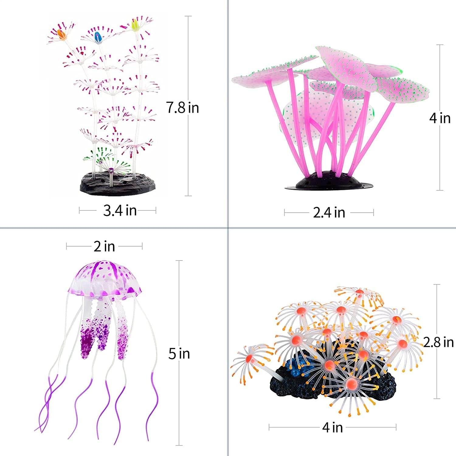 4 Pack Fish Tank Decorations Glowing Effect Aquarium Décor Small Silicone Artificial Jellyfish Coral Plant Ornament