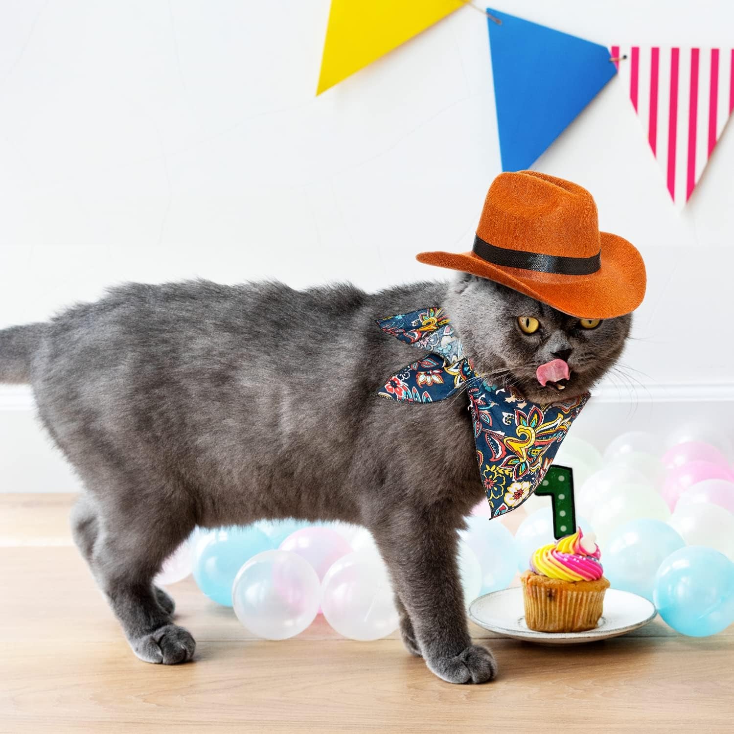 2 Pack Funny Pet Costume Accessories Set, Cat Small Dog Cowboy Hat with Adjustable Elastic Chin Strap and Bandana for Birthday Christmas Halloween Holiday Party Cosplay Daily Wearing