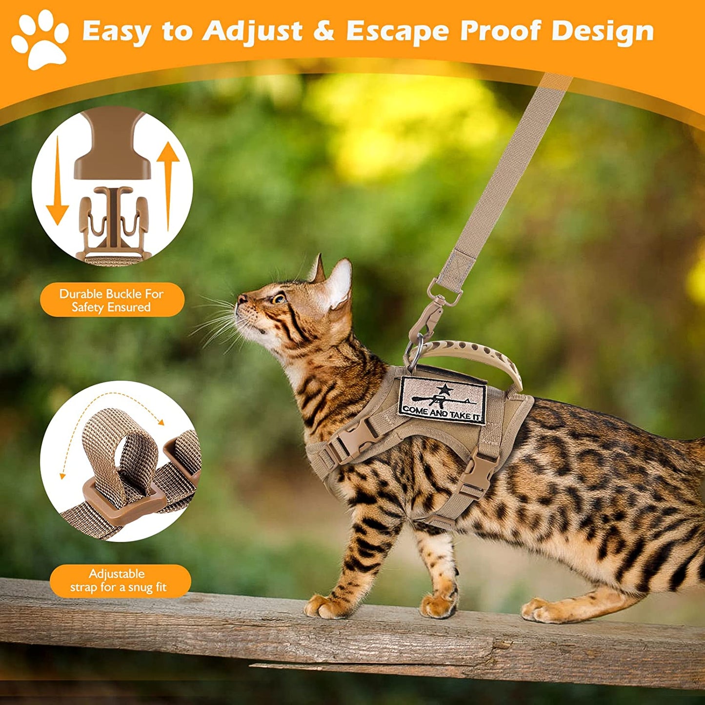 Tactical Cat Harness and Leash Set for Walking Escape Proof, Adjustable Large Cat Vest Harness with Molle Patches, Soft Mesh Padding, Rubber Handle Easy to Control Khaki