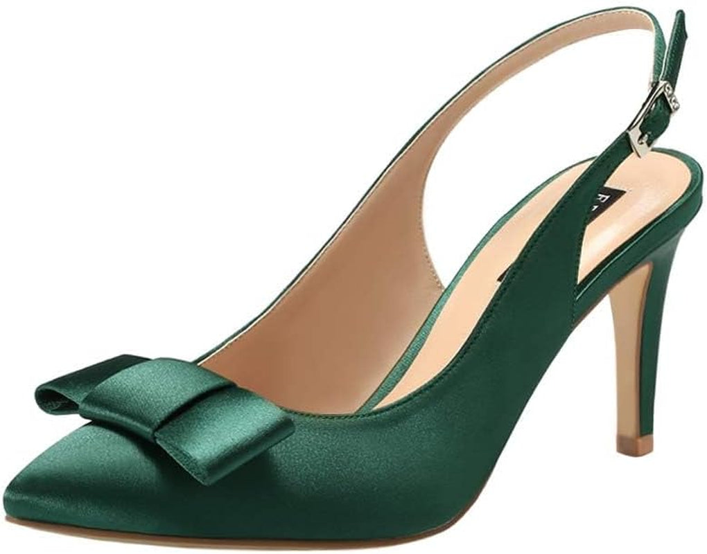Pointy Toe Pumps Mid Heels Wedding Evening Party Prom Slingback Satin Shoes