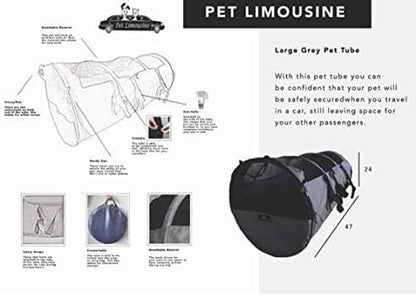 Pet Tube Soft Car Crate Large Kennel the Safe Dog and Cat Travel Mobile Home Pet Limo with Seat Belts and Storage Bag 47Lx24H Grey Color