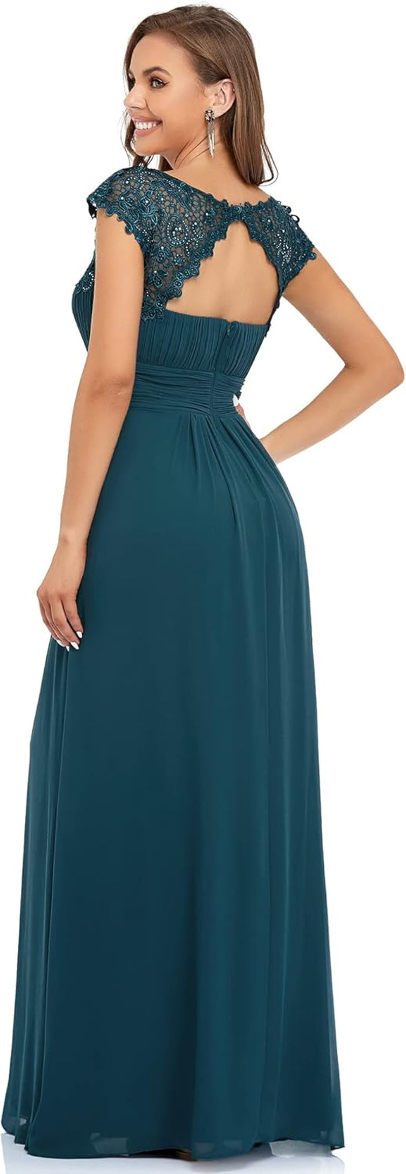 Women'S Cap Sleeve Ruched Lace round Neck Chiffon Formal Evening Gowns 09993-US