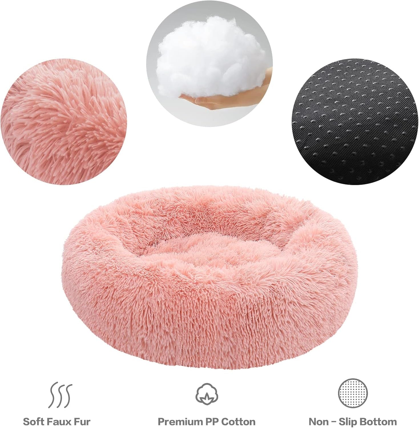 Calming Donut Dog Bed for Small to Medium Dogs & Cats - Plush Faux Fur Anti-Anxiety Pet Bed with Machine Washable Cover & Non-Slip Base