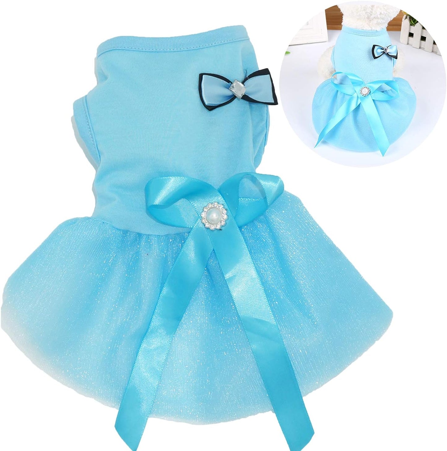 Dog Dresses for Small Medium Dog Cat Pet Dog Princess Tutu Dresses Dog Skirt Bow Crystal Belt Skirt Pet Clothes (Medium, Blue)