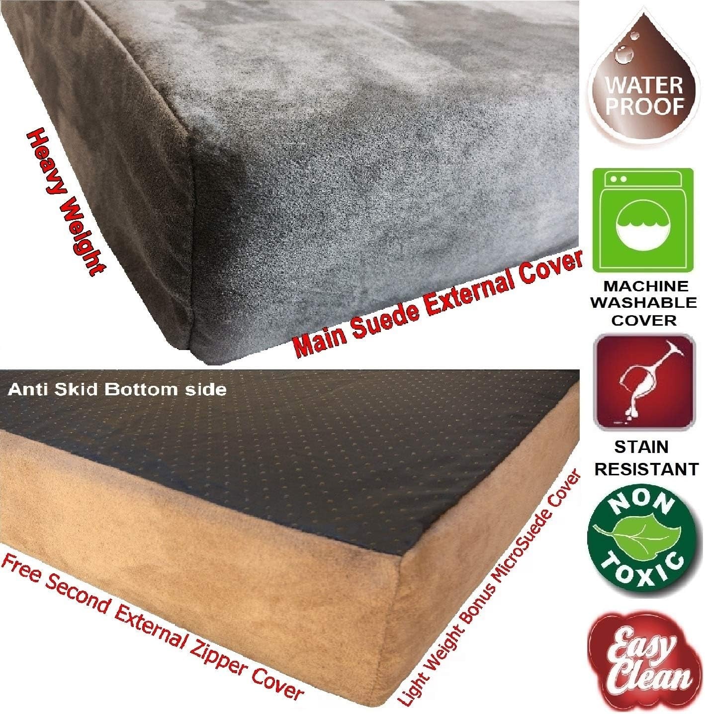 Orthopedic Gel Memory Foam Pet Dog Bed, Waterproof Liner with External Microsuede Cover and Bonus Antislip Cover (Microsuede Gray, 40"X34"X4" Inches)