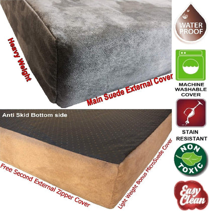 Orthopedic Gel Memory Foam Pet Dog Bed, Waterproof Liner with External Microsuede Cover and Bonus Antislip Cover (Microsuede Gray, 40"X34"X4" Inches)
