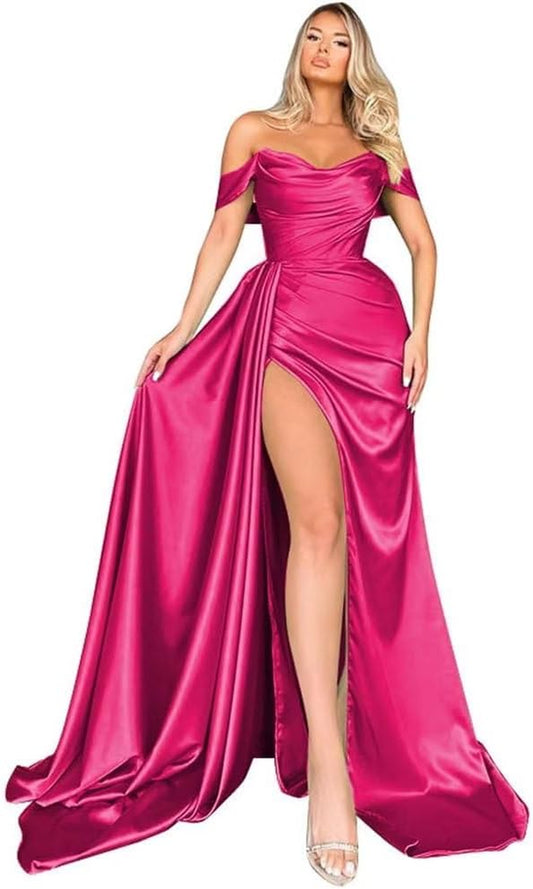 Off Shoulder Satin Bridesmaid Dresses Mermaid Wedding Dress Ruched Satin Prom Dresses Long for Women with Cape