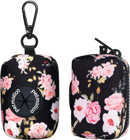 Dog Poop Bag Holder Leash Attachment, Waste Bag Dispenser Zippered Pouch, Fits Any Leash, Includes Free Roll of Bags, 2 Packs - Pink Rose