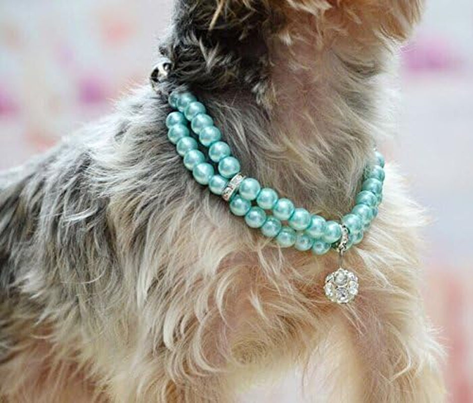 Luxury 2 Row Pearls Rhinestones Pet Cat Dog Necklace Collar Jewelry with Bling Crystal Ball Charm for Pets Cats Small Dogs Female Puppy Chihuahua Yorkie Girls (Blue, 8 to 10-Inch)