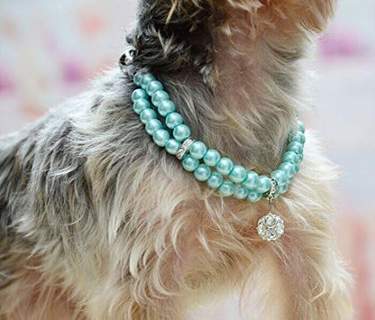 Luxury 2 Row Pearls Rhinestones Pet Cat Dog Necklace Collar Jewelry with Bling Crystal Ball Charm for Pets Cats Small Dogs Female Puppy Chihuahua Yorkie Girls (Blue, 8 to 10-Inch)