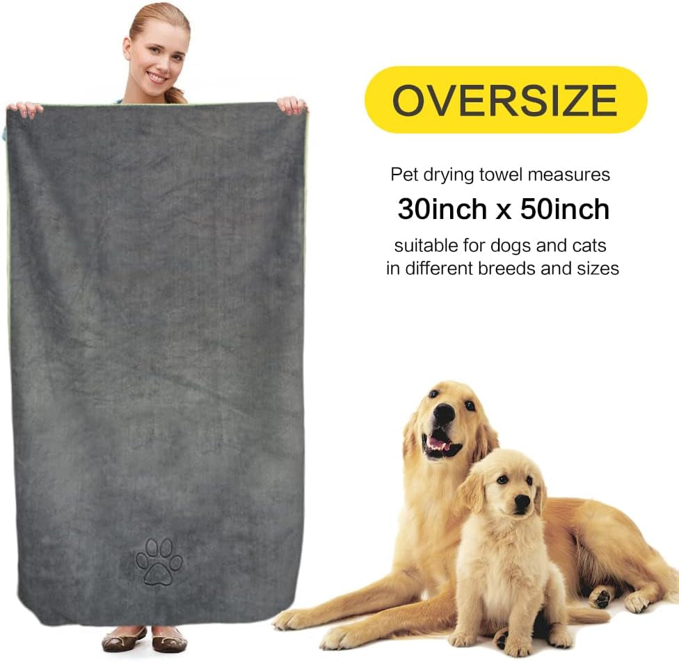 Dog Towel Super Absorbent Microfiber Dog Drying Towel Soft Pet Bath Towel for All Dogs and Cats with Embroidered Paw Print 30Inch X 50Inch Gray