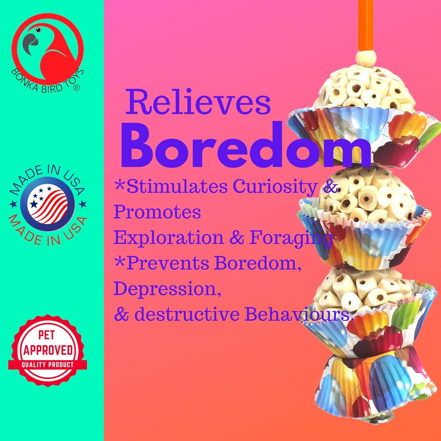 1931 Three Cake, 11.75" Hanging Bird Toy with Sola Balls, Cupcake Cups, Wooden Beads, Bell, and Straw, Chewable and Shreddable, Safe for Parrots, and Small Birds