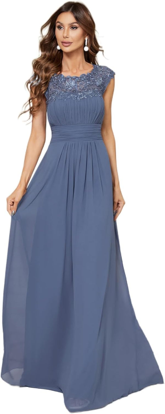 Women'S Cap Sleeve Ruched Lace round Neck Chiffon Formal Evening Gowns 09993-US